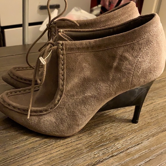 LOEFFLER RANDALL Leather Cowhide Stretch suede booties with unique heel design. - Picture 2 of 6